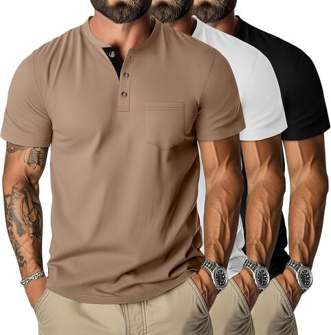 Riyiper 3 Pack Men Men Henley Thirts Short Sleeve Cotton Cotton Tops Classic Classic Tees مع Button Summer Trendy in Saudi Arabia