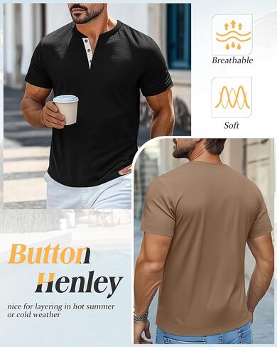 Riyiper 3 Pack Men Men Henley Thirts Short Sleeve Cotton Cotton Tops Classic Classic Tees مع Button Summer Trendy in Saudi Arabia