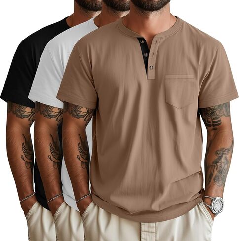 Riyiper 3 Pack Men Men Henley Thirts Short Sleeve Cotton Cotton Tops Classic Classic Tees مع Button Summer Trendy in Saudi Arabia