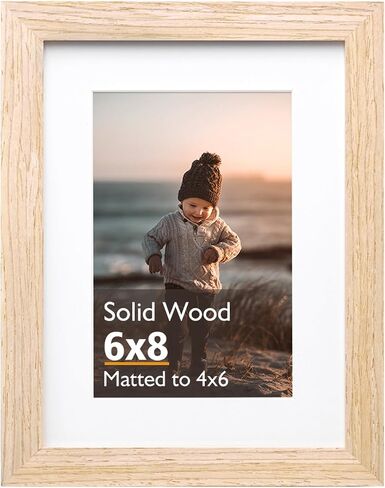 KINLINK 6x8 Picture Frame, Natural Solid Wood Frame with Acrylic Plexiglass for Pictures 4x6 with Mat or 6x8 without Mat, Tabletop and Wall Mounting Display Photo Frame 1 Pack in Kuwait
