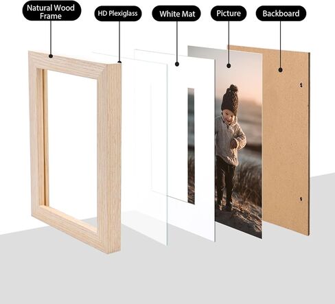 KINLINK 6x8 Picture Frame, Natural Solid Wood Frame with Acrylic Plexiglass for Pictures 4x6 with Mat or 6x8 without Mat, Tabletop and Wall Mounting Display Photo Frame 1 Pack in Kuwait