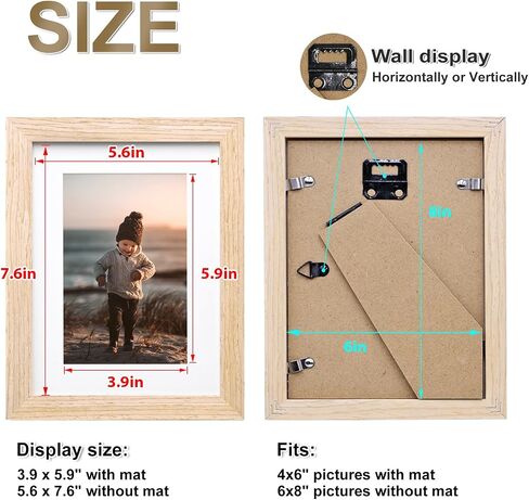 KINLINK 6x8 Picture Frame, Natural Solid Wood Frame with Acrylic Plexiglass for Pictures 4x6 with Mat or 6x8 without Mat, Tabletop and Wall Mounting Display Photo Frame 1 Pack in Kuwait