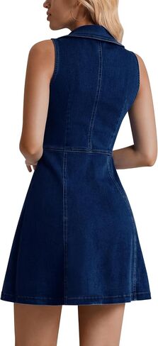 Denim Dress for Women, Button Down Sleeveless Jean Dress A-line Casual Denim Mini Dress in Saudi Arabia