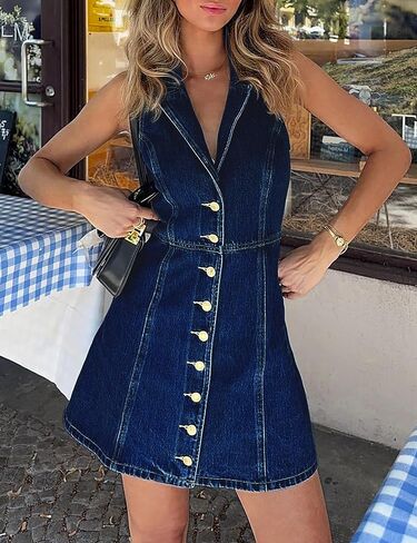 Denim Dress for Women, Button Down Sleeveless Jean Dress A-line Casual Denim Mini Dress in Saudi Arabia