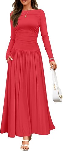 ZESICA Women's Long Sleeve Spring Maxi Dress 2025 Crewneck Knit Casual Slim Swing Pleated Dresses with Pockets in Saudi Arabia