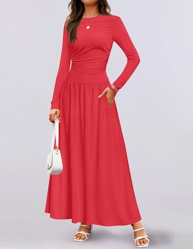 ZESICA Women's Long Sleeve Spring Maxi Dress 2025 Crewneck Knit Casual Slim Swing Pleated Dresses with Pockets in Saudi Arabia
