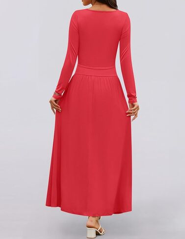 ZESICA Women's Long Sleeve Spring Maxi Dress 2025 Crewneck Knit Casual Slim Swing Pleated Dresses with Pockets in Saudi Arabia