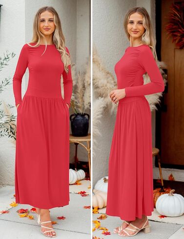 ZESICA Women's Long Sleeve Spring Maxi Dress 2025 Crewneck Knit Casual Slim Swing Pleated Dresses with Pockets in Saudi Arabia