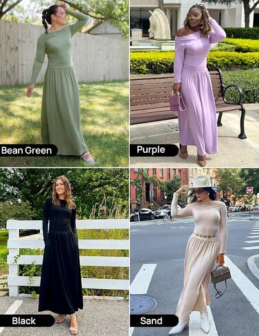 ZESICA Women's Long Sleeve Spring Maxi Dress 2025 Crewneck Knit Casual Slim Swing Pleated Dresses with Pockets in Saudi Arabia