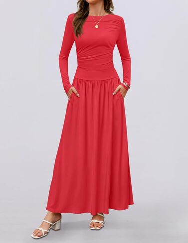 ZESICA Women's Long Sleeve Spring Maxi Dress 2025 Crewneck Knit Casual Slim Swing Pleated Dresses with Pockets in Saudi Arabia