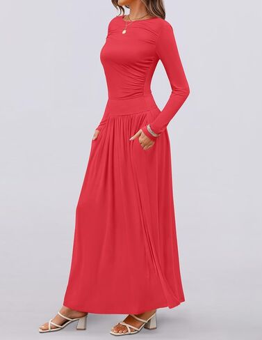 ZESICA Women's Long Sleeve Spring Maxi Dress 2025 Crewneck Knit Casual Slim Swing Pleated Dresses with Pockets in Saudi Arabia