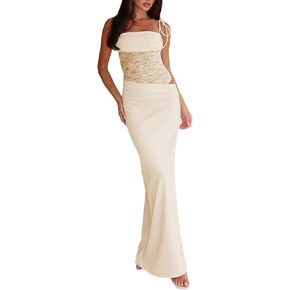 Unybwonn Lace Maxi Dress Sexy Sheer Sleeveless Bodycon Mesh Long Dresses Cut Out Spaghetti Strap Wedding Guest Dress