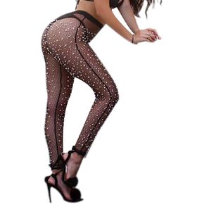 AIBEARTY Women Sexy Mesh See Through Pantyhose Pearl Beaded Skinny Leggings Long Pants Stretchy Tights Stockings