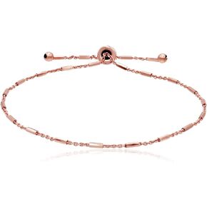 SEA OF ICE Sterling Silver 1mm Diamond-Cut Bar Station Rolo Chain Adjustable Bracelet for Women