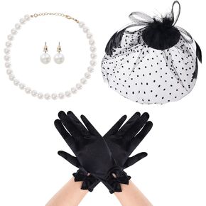 Hoyuwak 4 PCS Hat Fascinators Hat for Women 50s Mesh Mesh Headwear مع مجموعة مجوهرات وقفازات من الدانتيل لحفل شاي الزفاف