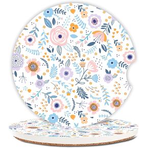 Cute Small Flower Ceramic Cup Holders - Pack of 2, Keep Cup Holders Clean and Dry, Drink Cup Car Holder Coasters with A Finger Notch