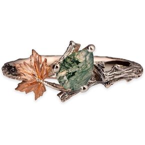 Natural Moss Agate Ring for Women 925 Sterling Silver Green Agate Promise Ring with Vine Leaf Engagement Wedding Jewelry Gift for Women Free Engraving-B5.5