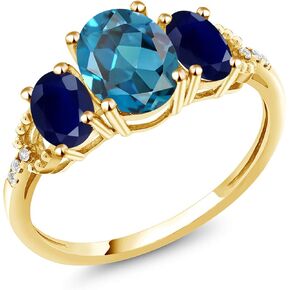 GEM Stone King 10K Gold Gold Oval London Blue Topaz Blue Tapphire and Diamond 3 Stone Engagement For Women | 2.64 CTTW | 3 حجارة الوعود الوعود الخاتم للنساء