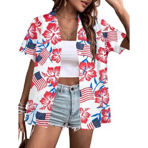 American Flag Shirt Women Patriotic Shirts 4th of July Tops USA Hawaii Floral Blouses Memorial Day Button Down Shirts