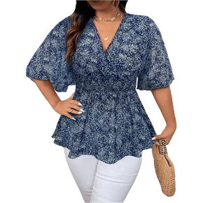 SOLY HUX Women's Plus Size V Neck Blouses Floral Print Flowy Peplum Tops Summer Ruffle Chiffon Shirts