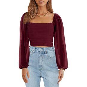 Wenrine Womens Mesh Long Sleeve Crop Tops Night Going Out Square Neck Off The Shoulder Ruched Shirt Blouses Dressy Casual in Saudi Arabia