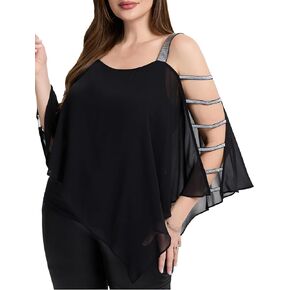 Ever-Pretty Plus Women's Loose Glitter Embellished Double-Layers Plus Size Dressy Evening Wedding Top Party Blouses Shirt