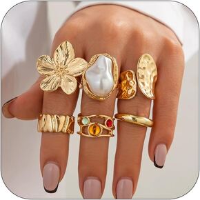Liquid Lava Chunky Stackable Finger Rings Set Stone Baroque Pearl Knuckle Open Rings Vintage Flower Joint Midi Ring Gold Silver Jewelry for Women Gift
