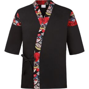 Unisex 3/4 Sleeve Black Sushi Chef Coat Kimono Cardigan Japanese Chef Uniform Red Patchwork Printed Chef Jacket