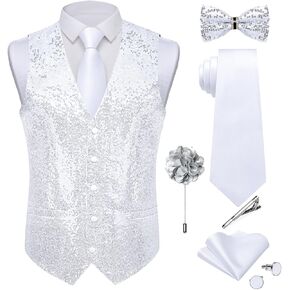 DiBanGu Mens Sequins Vest and Tie Set Solid V-Neck Shiny Dress Waistcoat Bowtie with pocket square for Prom Party Tuxedo