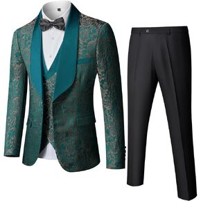 Hihawk Mens 3 Piece Floral Tuxedo, Jacquard Slim Suit Set, Paisley Blazer Vest and Pants with Bow Tie for Prom Wedding