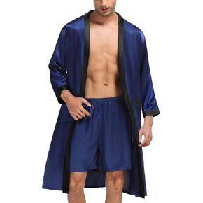 SWOMOG Men's Lightweight Kimono Robe Satin Bathrobe with Shorts Set Silky Soft Sleepwear