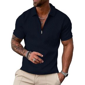 UOUA Men's Zipper Polo Shirts Short Sleeve Sweatshirts Soild Color Tops Striped Texture Casual Golf T in Kuwait
