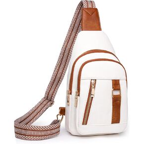 Crossbody Sling Backpack Chest Bag Daypack for Men & Women, PU Sling Bag with Adjustable Guitar Strap, Over Shoulder Bag, Fanny Pack Belt Purse for Travel Sports Hiking Shopping (White)