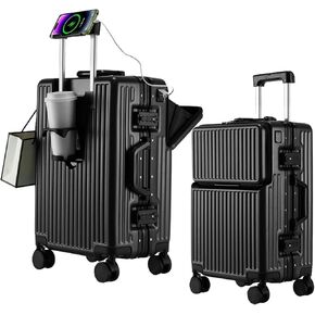 2-Piece Hardshell Zipperless Luggage Set, 20/26" Aluminum Frame Hardshell Spinner Luggage, Airline Approved Carry-On Luggage, TSA Lock, 360° Quiet Wheels With Cup Holder (Black)