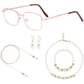 Old Lady Costume Accessories for Women Granny Glasses Beaded Chain Faux Pearl Bead Set for 100th Day of School