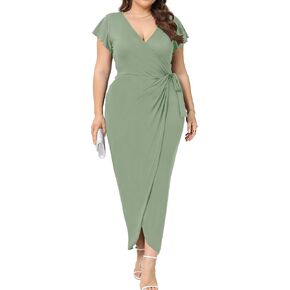 2025 Womens Deep Cross V Neck Ruffle Sleeve Tulip Hem Plus Size Work Cocktail Party Elegant Ruched Long Wrap Dress