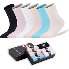 AWS/American Made 6 Pairs Bamboo Crew Socks for Women Shoe Size 6 to 9 with Gift Box