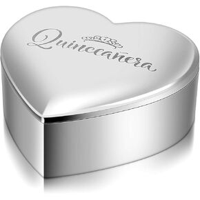 Quinceanera Gifts for Girls Heart Jewelry Keepsake Box Small Trinket Crown Box 15 Años Quinceañeras 15th Birthday Gift for Quinceanera Gifts Silver Toned with Engraved Message