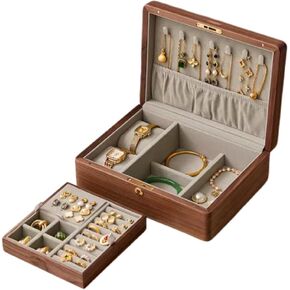 2 Layer Solid Black Walnut Wooden Jewelry Box with Lock and Key for Women Wood Vintage Organizer for Men Earrings Rings Necklaces Bracelet Watch Storage Mother's Day Gift
