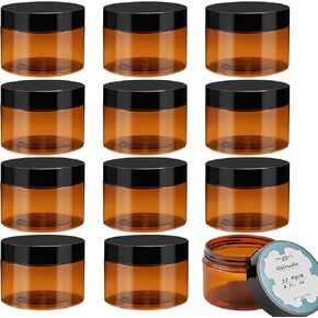 20 Pack 2 oz Amber Plastic Jars with Lids and Labels, Empty Salve Containers Refillable Cosmetic Jars for Creams, Lotion, Body Scrubs