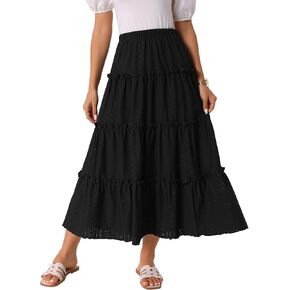 Seta T Women's Eyelet Skirts Elastic Waist Tiered A Line Maxi Skirt Ruffle Boho Long Summer Casual Skirt