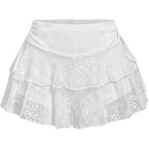 Floerns Women's Contrast Lace Low Waist Mini Skirt Cute Tiered Ruffle Hem Skirts