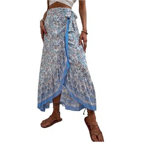 Verdusa Women's Floral Print Bowknot Ruffle Maxi Skirts Boho High Waisted Flowy Wrap Skirt