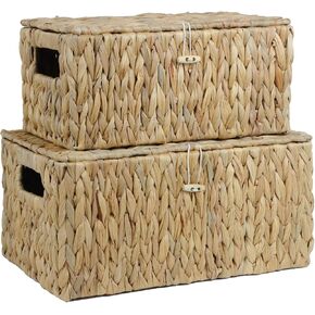 Set of 2 Wicker Basket with Lid, Rectangular Water Hyacinth Storage Baskets for Organizing, Decorative Woven Basket Bins Boxes for Organizing Home (14.2" x 9.4" x 7" + 12.2" x 7.8" x 6")