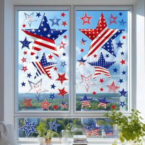 Independence Day Window Clings, 66Pcs Patriotic American Flag Window Decals Double-Sided Star-Shaped USA 4th of July Windows Decorations Stickers for Home Office School Holiday Party Decor