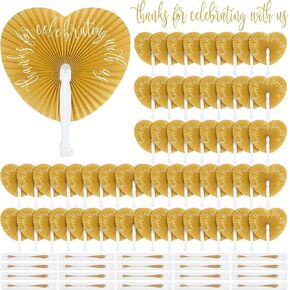 Pinkunn 120 Wedding Favors Fans Wedding Handheld Folding Fans Bulk Thanks for Celebrating with Us Bridesmaid Gift for Bridal Dancing Props Photo Props Church Anniversary Party(Gold,Heart)