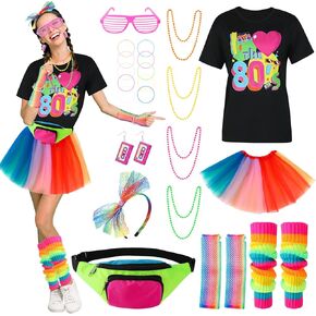 80s Costume Outfit for Women, 80s Prom Costumes with Accessories Set T Shirt Tutu Skirt 80s Fanny Pack Earrings Necklace Bracelets Fishnet Gloves Legwarmers Headband Glasses, Medium