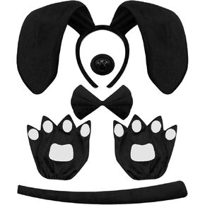Dog Long Ears Headband - 5PCS Dog Ears Headband Bowtie Nose Tail Puppy Paw Gloves for Adult Women Halloween Costume Floppy Animal Cosplay Party Accessories Set (Black)