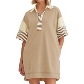 Wenrine Women's Polo V Neck T Shirt Dress Casual Summer Oversized Color Block Short Sleeve Sweatshirt Mini Dresses