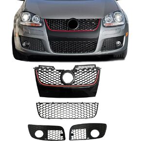 4PCS Front Bumper Grille Lower & Upper Grill With Fog Light Cover Honeycomb Hex Mesh Black W/Red Trim For 2006 2007 2008 2009 Volkswagen MK5 GTI Jetta